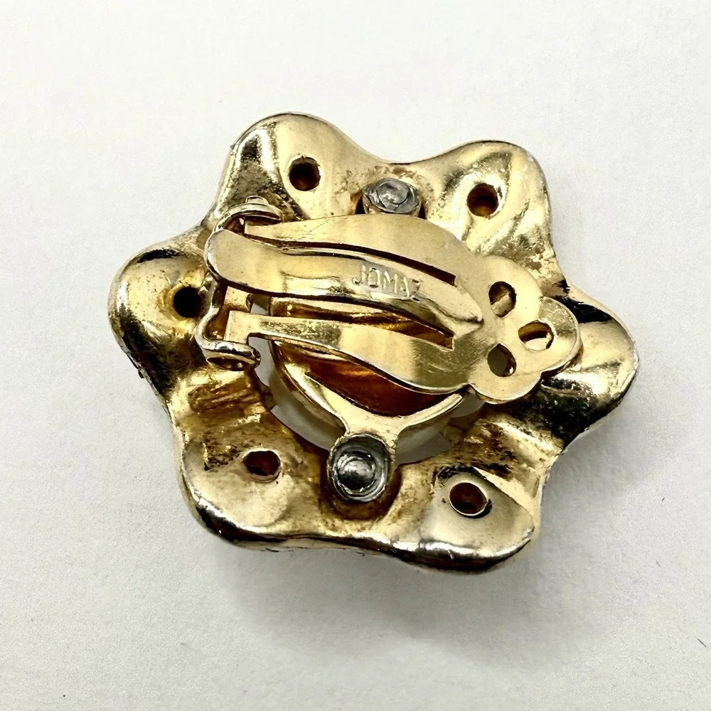 Rare Vintage Jomaz Brooch Earrings Set Gold Tone Crystal Faux Pearl Floral Clip